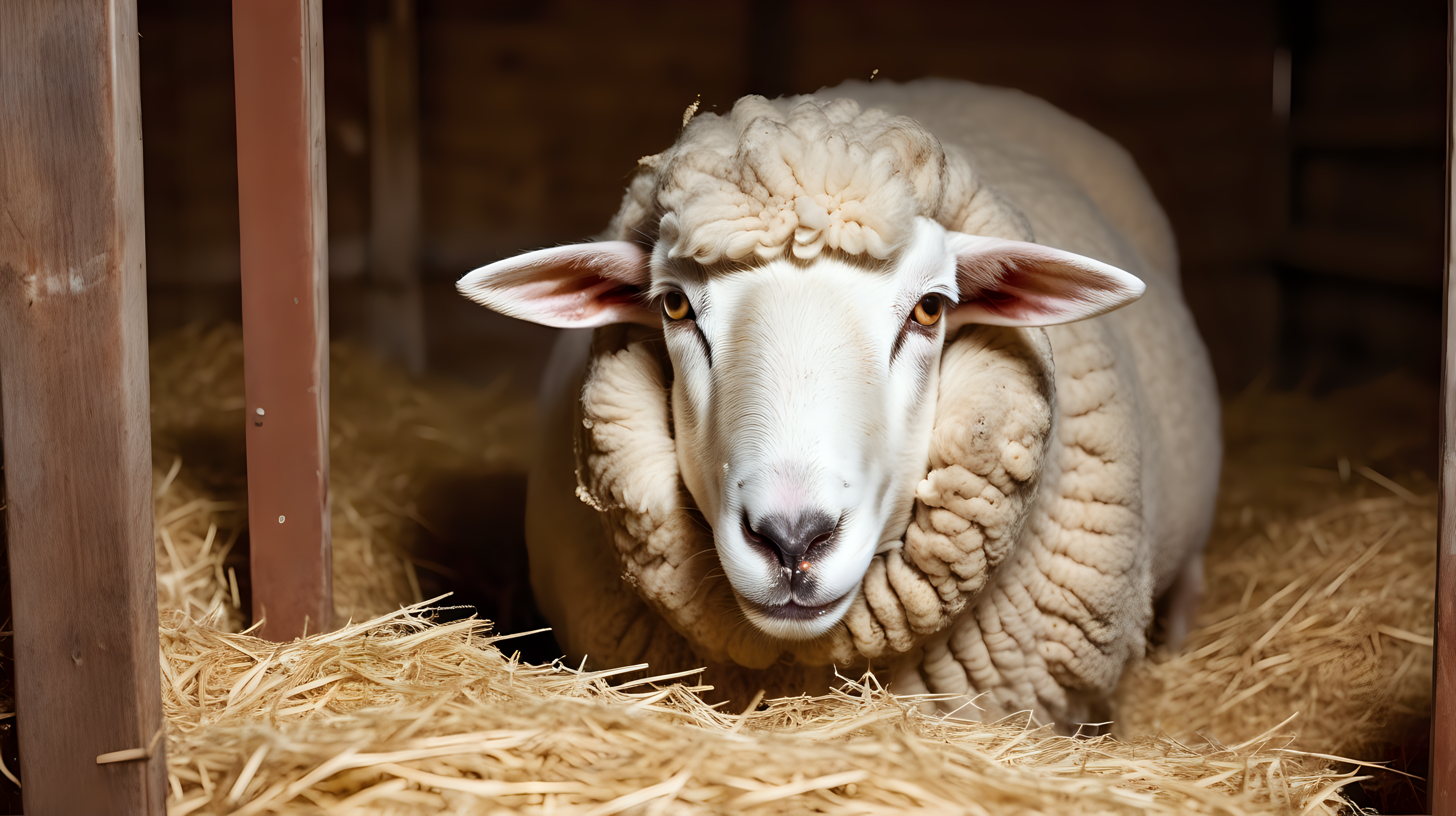 sheep eating hay in the stall, farm barn, isolated on background, photo shoot