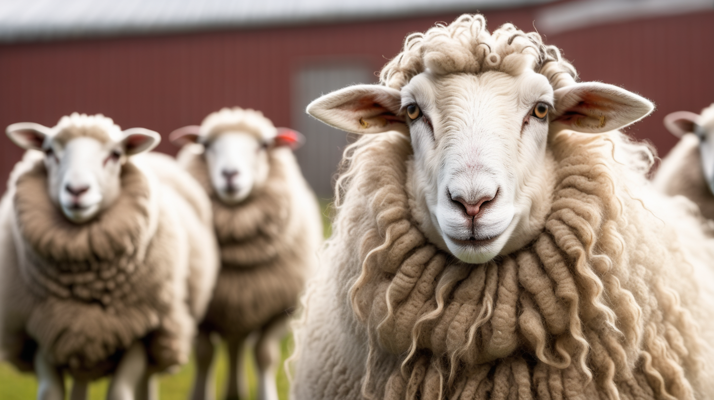 Portrait woolly sheep on the farm, isolated on background, copy space, photo shoot