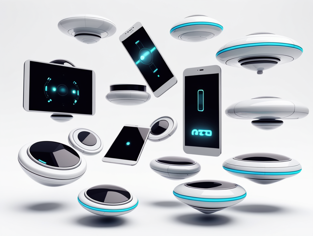 futuristic gadgets floating in random positions in white background