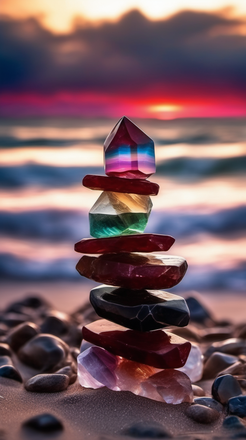 Rainbow Crystal Stone. Stacked. on the Beach, At sunset. Dark Red Clouds. Very beautiful.