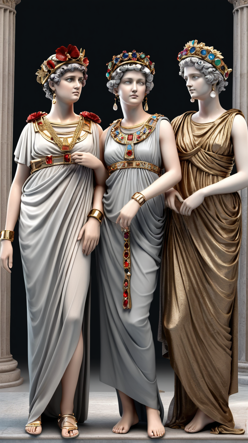 3 ancient Roman ladies adorned with jewels