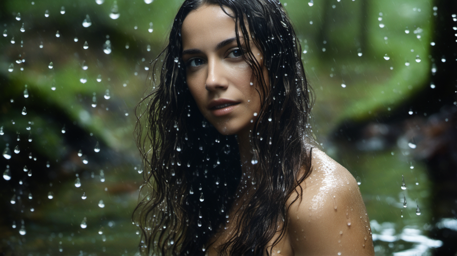 Actress Alba Baptista, with long, wavy brunette hair surrounded by water droplets standing in a forest