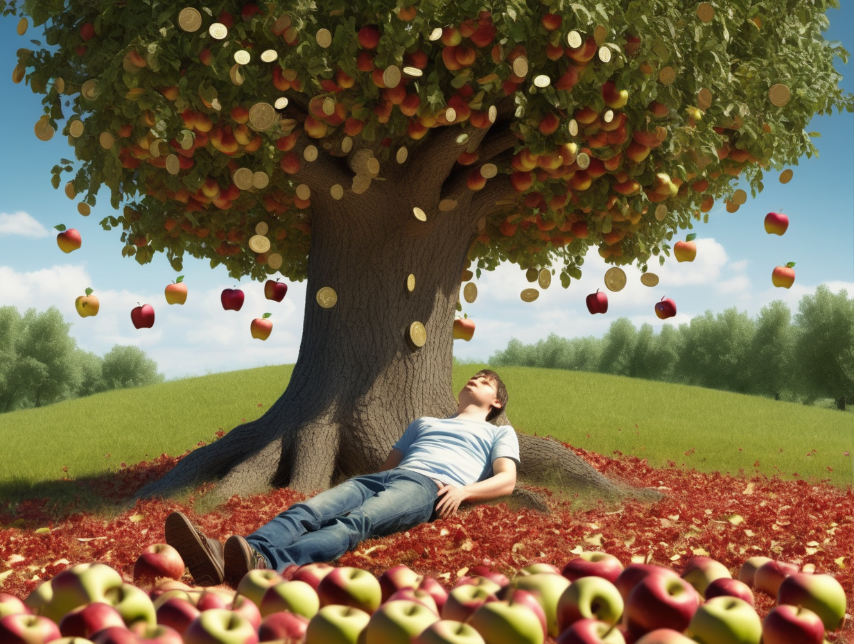 bitcoins and apples falling from the apple tree, man is lying under the tree and is looking at the bitcoins