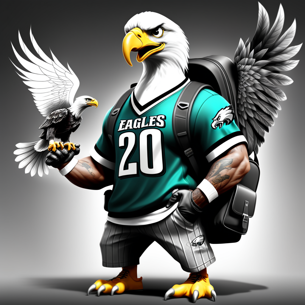 draw a street gangster eagle wearing a throwback philadelphia eagles jersey and a backpack while holding a 9mm in black and white