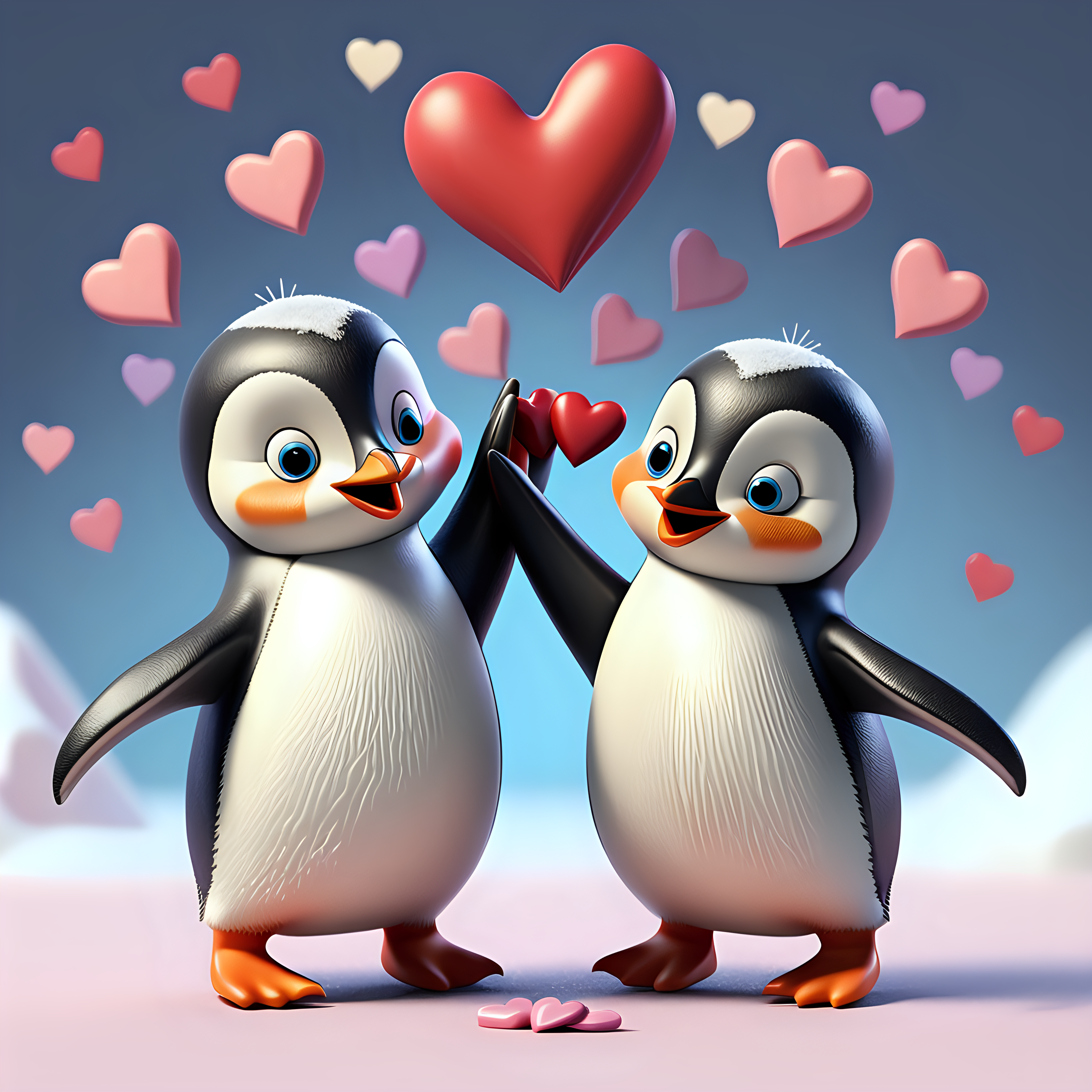 two cute penguins holdoing hands dancing with love hearts
