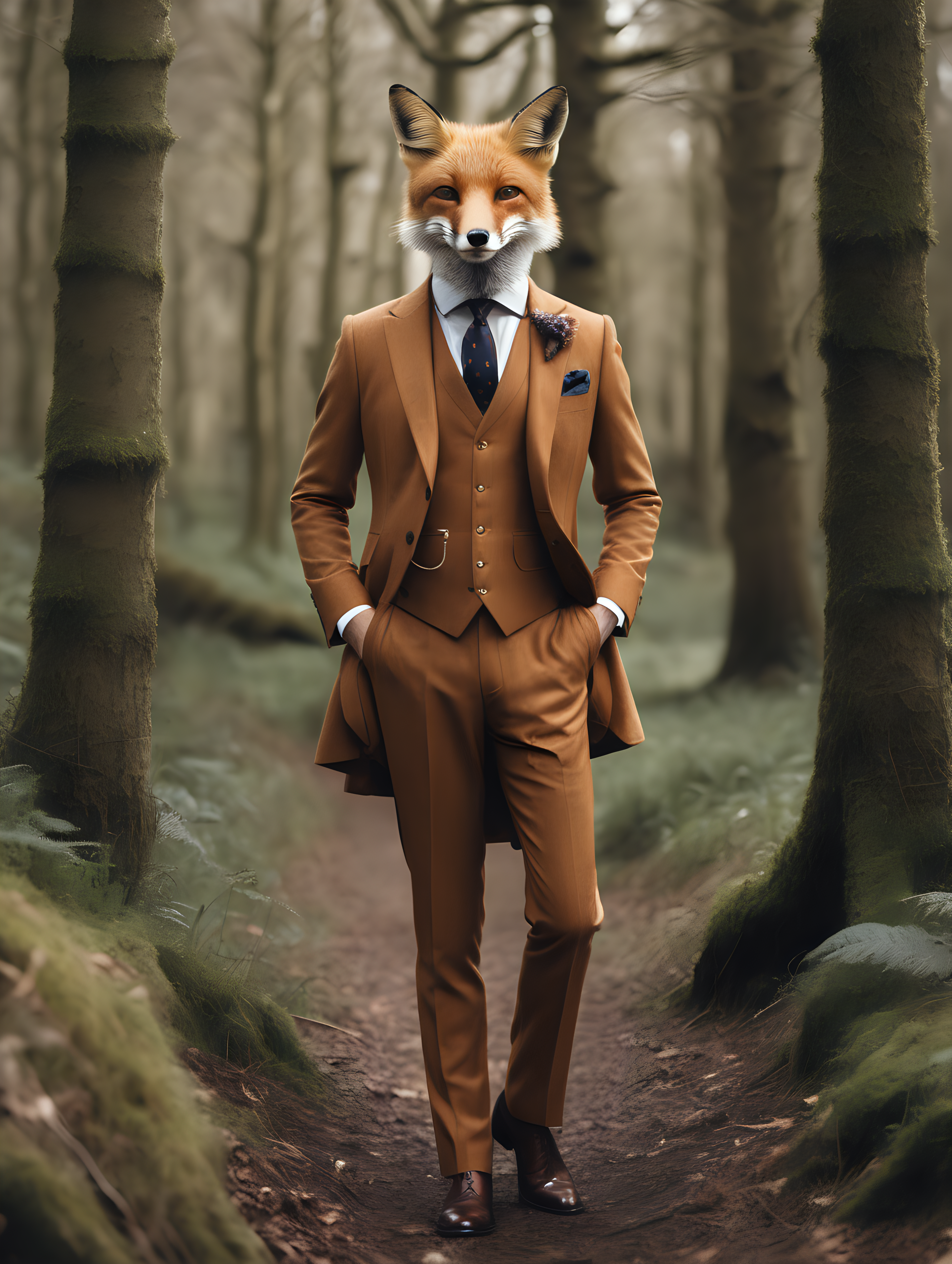 fox wearing full country english gentlemen suit in the forest 