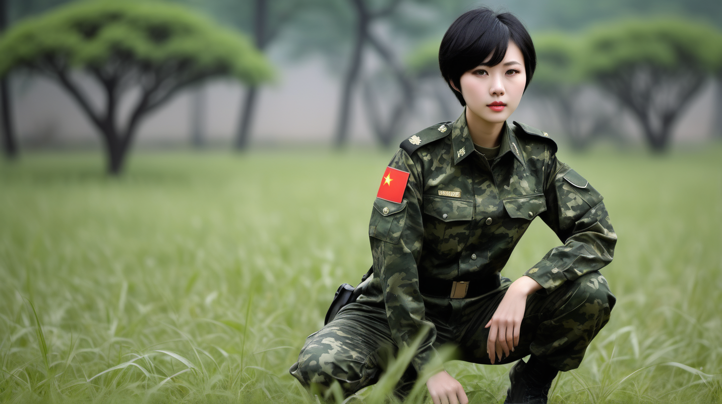Chinese female soldierShort hairBlack hairCamouflage tight pantsLurking in