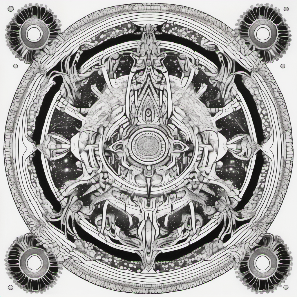 adult coloring book, black & white, clear lines, detailed, symmetrical mandala alien world