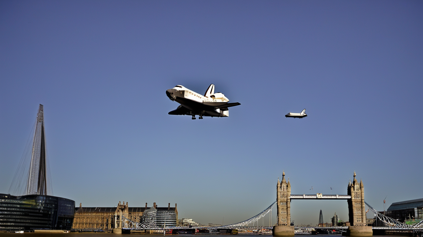 space shuttle flying over London Bridge