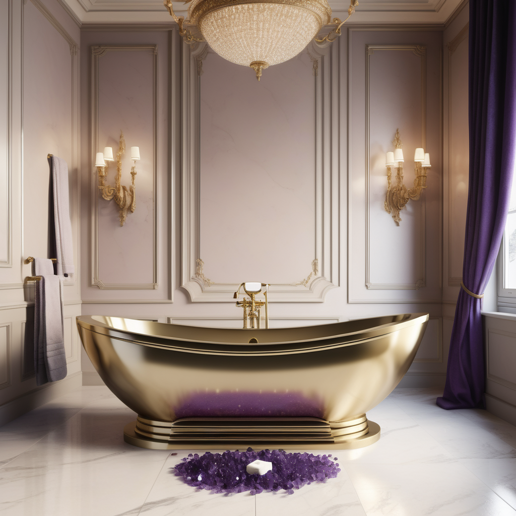 a hyperrealistic image of an Amethyst stone  bathtub in grand modern Parisian bathroom in a beige oak brass colour palette 