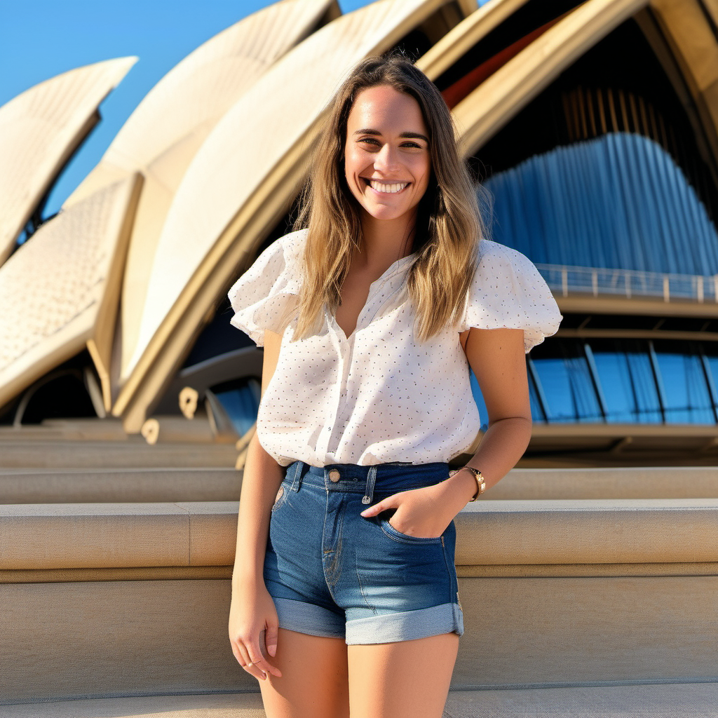 A smiling Emily Feld dressed is shorts and a blouse at Sydney's Opera House