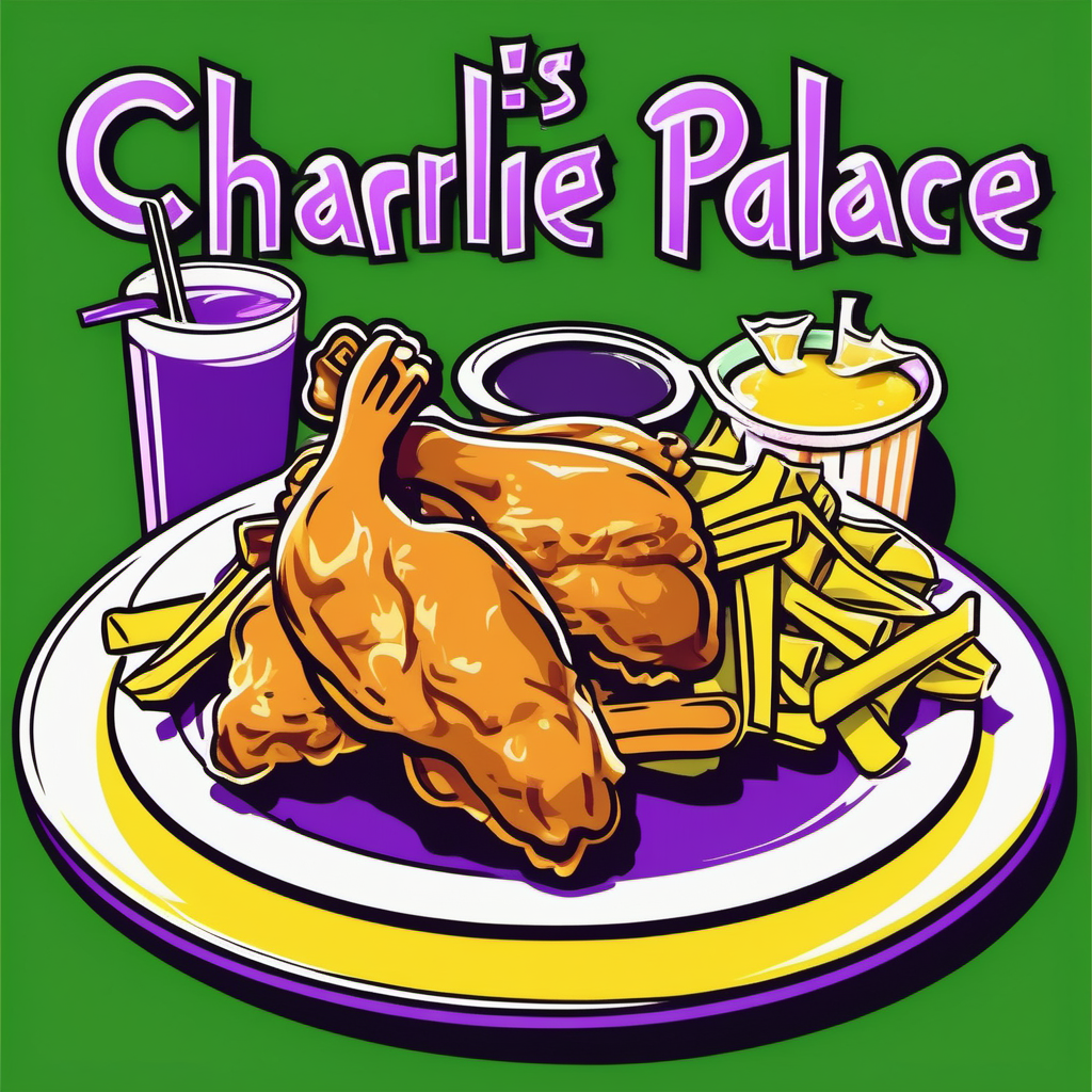 A vibrant logo for "CHARLIE'S PALACE" a plate of chicken and fries, waffles with chicken wings, and mixed drinks on a table. Dipping sauces surround the plates. In 4K Ultra Shinny bold yellow letters outlined in green and purple, the restaurant's name sits above this tempting spread, 