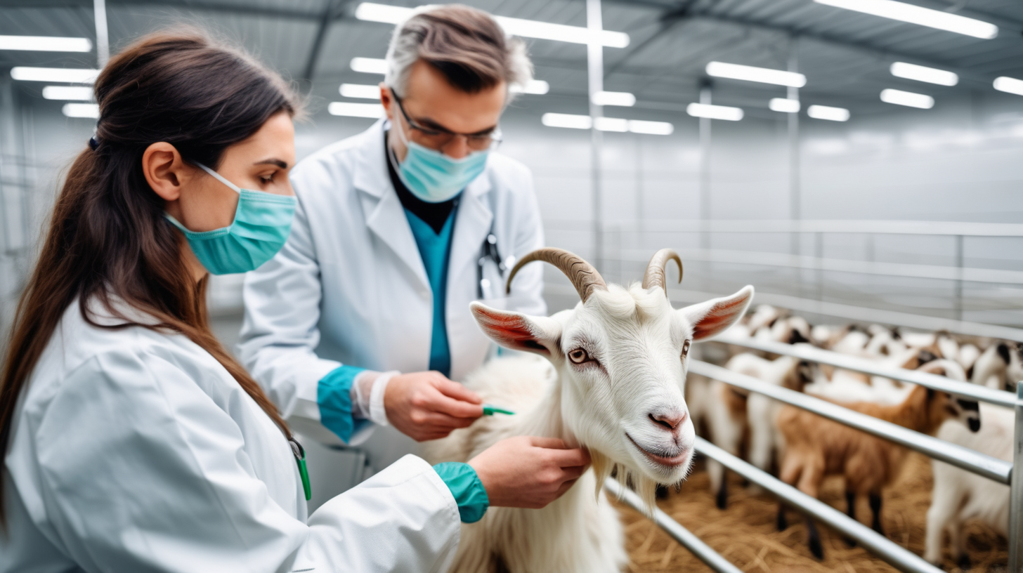 young goat with veterinarian in  indoor modern farm, isolated on background