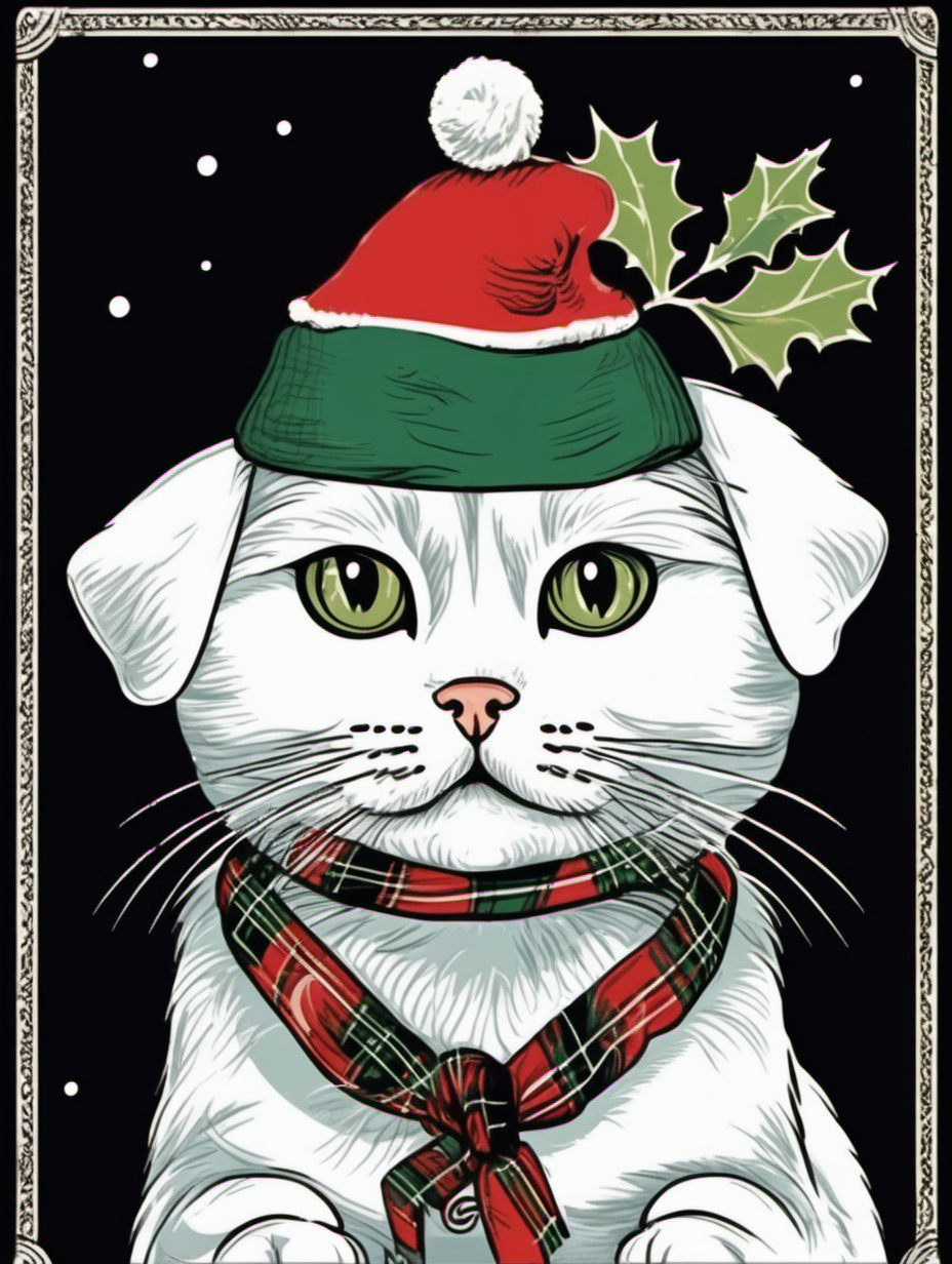 vintage christmas card illustration with mistletoe, a white scottish fold cat wearing christmas hats on a black background