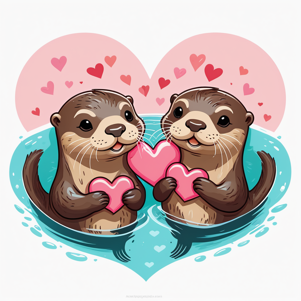 2 cute otters swimming love hearts