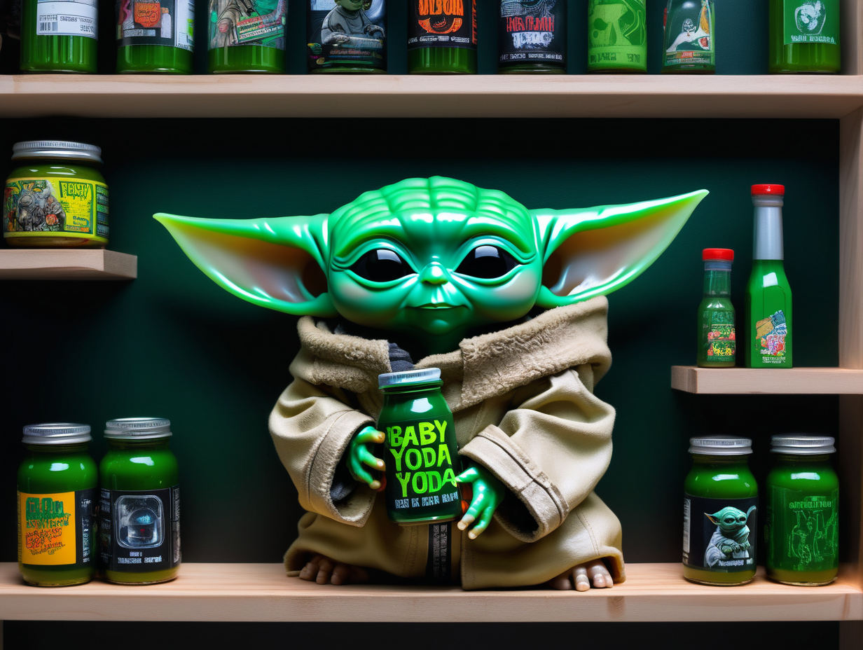 baby yoda in green hot sauce cyberpunk shelf