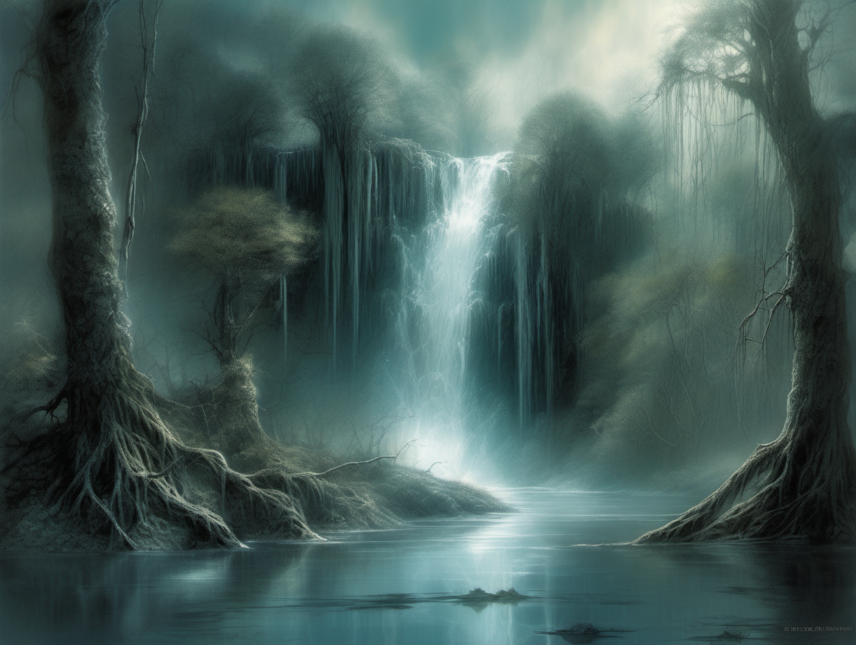 genera una ilustración de fantasía, estilo Luis Royo, de una cascada sobre una laguna en medio de un bosque de fantasía, luz etérea y fría




