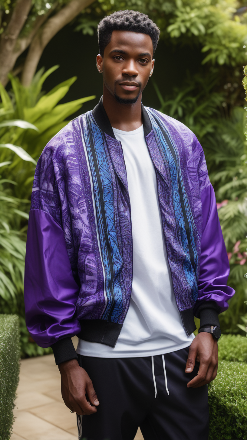 A handsome, young, Black man, wearing short, black hair, wearing a Purple, African print, shawl wrap, standing against a lush garden background, Facing  the camera, wearing a white, ultra modern, nylon bomber, wearing a blue dress shirt, white tee-shirt, wearing heather gray, loose fitting, sweatpants, lighting is over the left shoulder, from behind, pointing down, ultra 4k, render, high definition, light shadowing