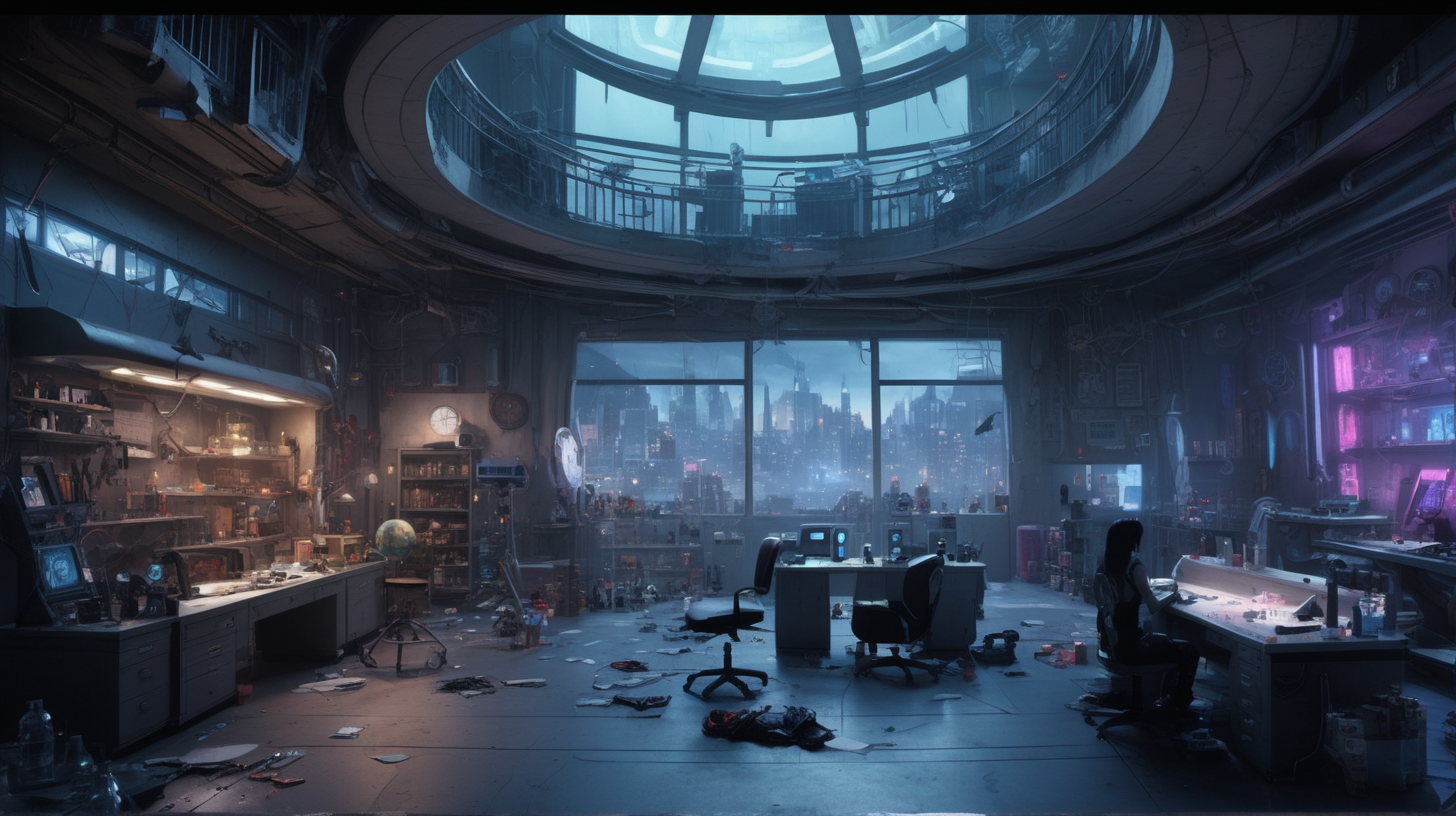 interior location of Arcane movie like VI and Jinx practice scene. Included Items, weapons and toys for jinx. There is a balcony overlooking the Arcane night city. There is a laboratory in the middle of the place. The ceiling of the place is high and spacious. There are also heavy weapons and missiles next to the place. The place is considered old and messy, but it is arranged in the Jinx way. The place took a circular shape.