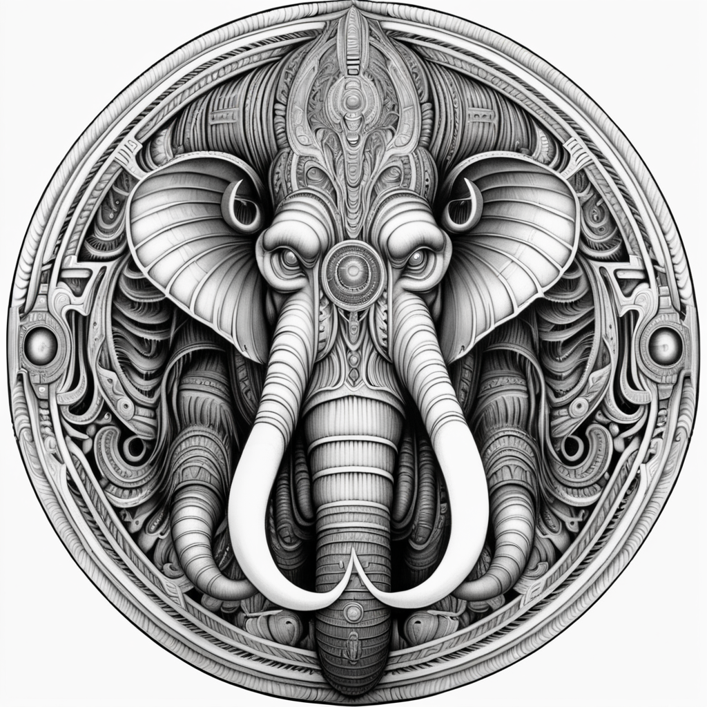 black & white, coloring page, high details, symmetrical mandala, strong lines, mammoth with many eyes in style of H.R Giger