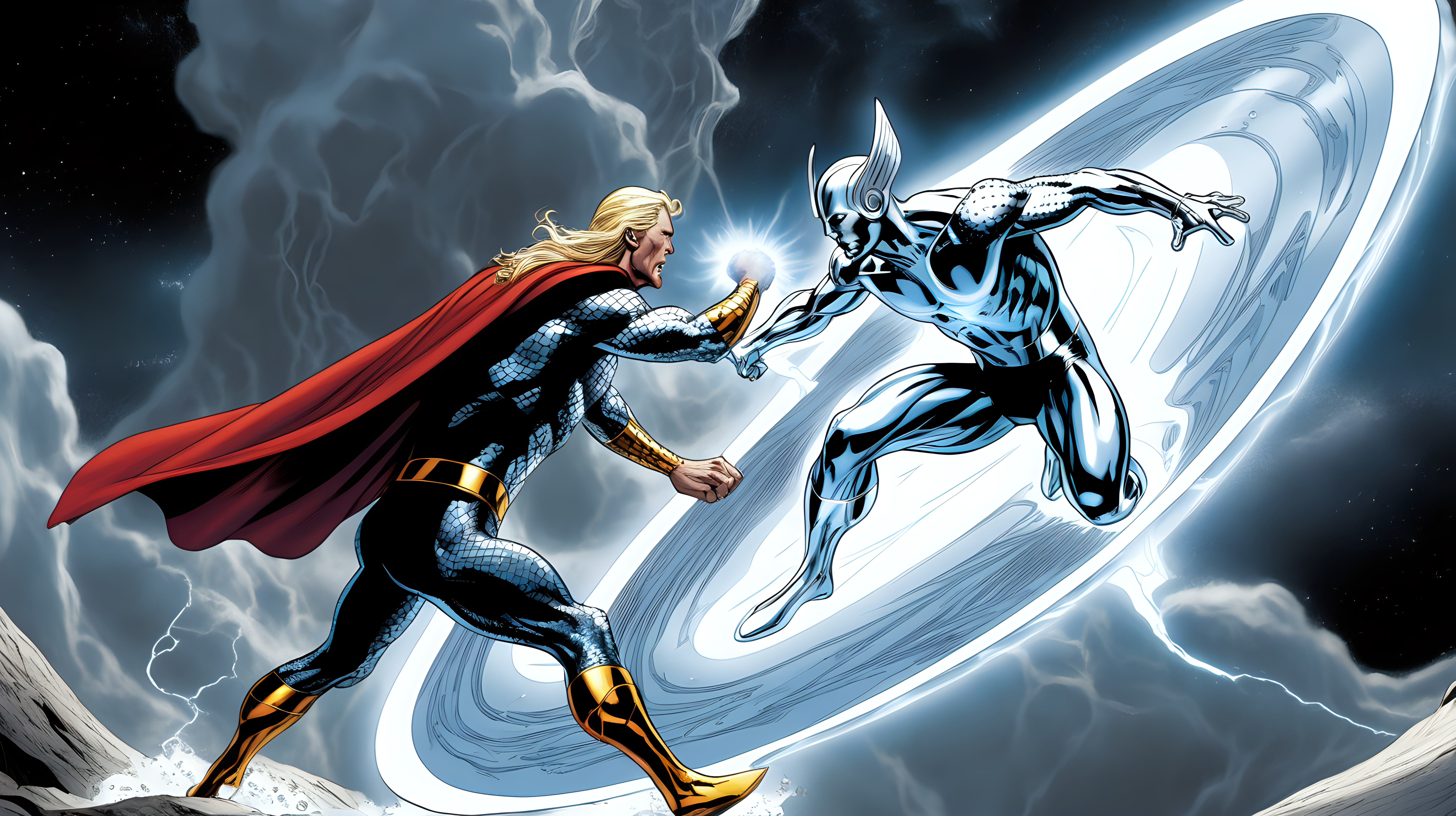 The Silver Surfer fighting Thor on Asgard