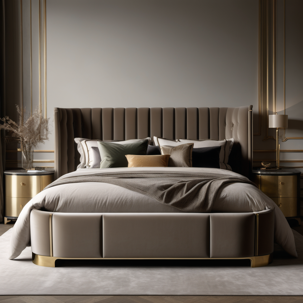 a hyperrealistic image of a velvet modern Parisian  king bed  in taupe , oak and brass 
