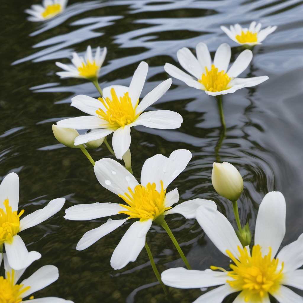 white and yellow flowers stemming from the water