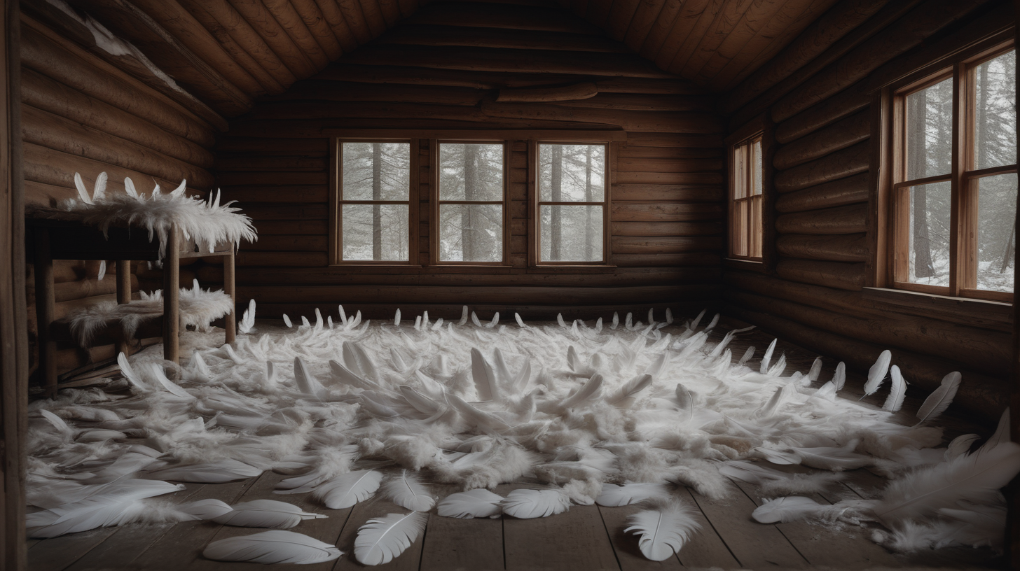 Cinematic view of a cabin filled with piles of thick white feathers on the floor