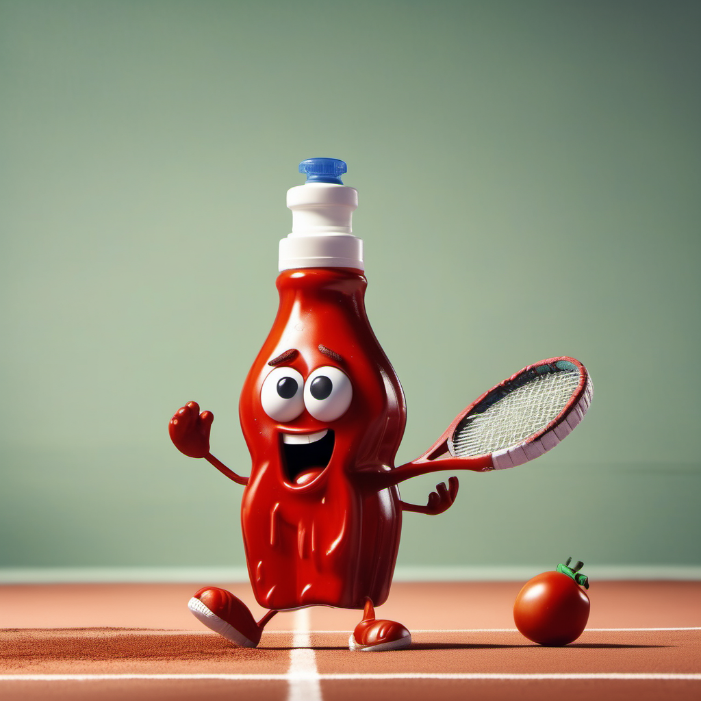 A ketchup bottle playing tennis and sweating