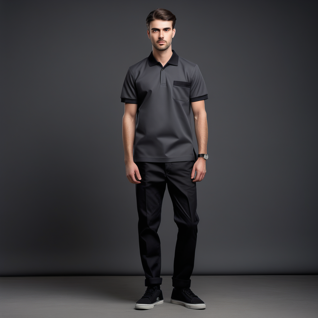 
Prompt

man wearing DARK grey short sleeve polo shirt and black 	gabardine fabric trousers, uniform design, factory worker, black sneakers, full body, art, 35mm photography, modern fashion, gray backround, front straight stance