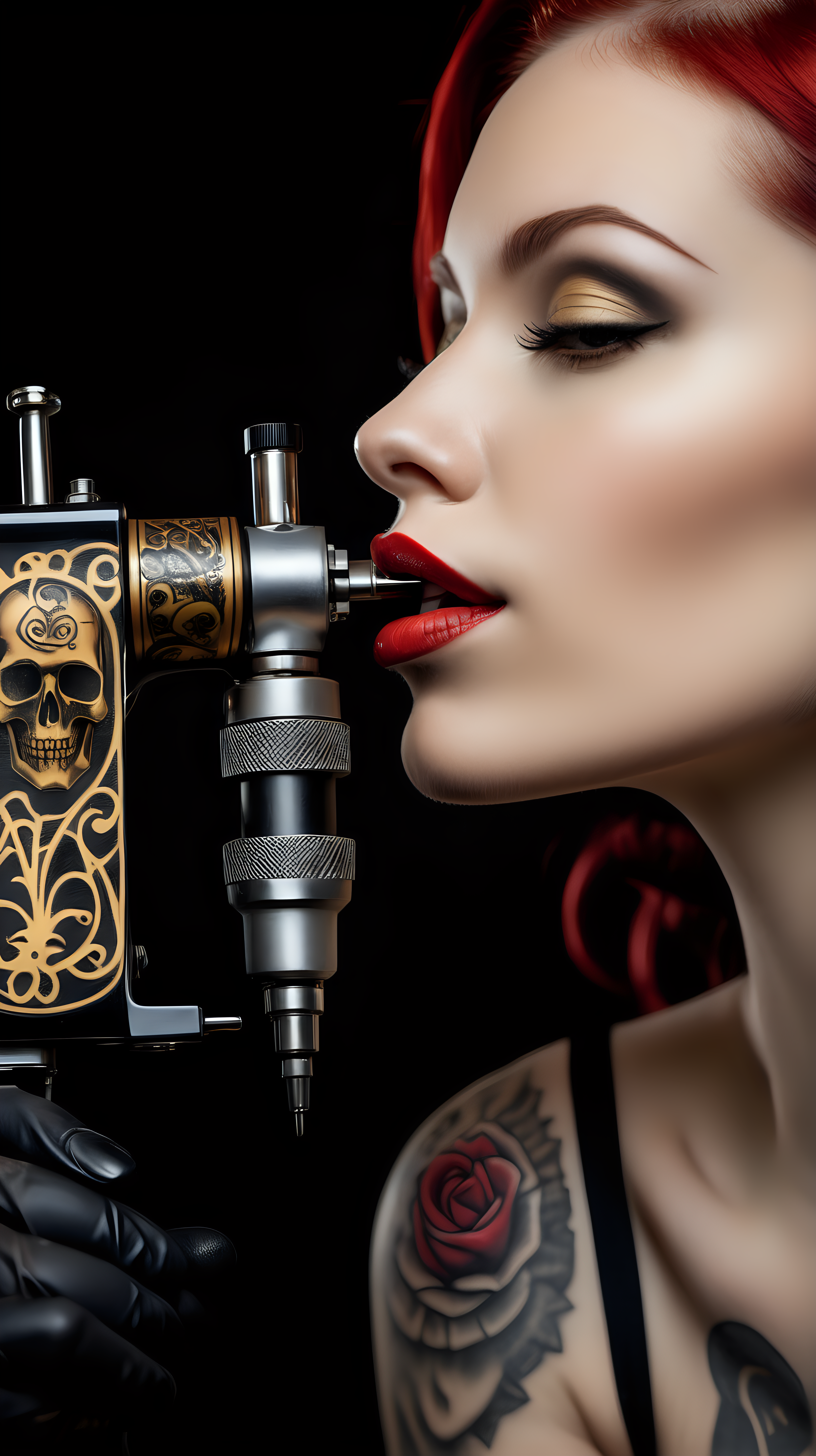 /imagine prompt : An ultra-realistic photograph captured with a canon 5d mark III camera, equipped with an macro lens at F 5.8 aperture setting, The camera is directly in front of the subject, capturing a vintage classic tattoo machine /describe : a pattern of the skull is engraved on golden tattoo grip , grabbed by a hand wearing black nitrile gloves . A beautiful woman whose only lips are visible in the picture is sensually kissing the handle of the tattoo machine with her very red lips.
the hand is blurred and the focus sets on tattoo machine .
Soft spot light gracefully illuminates the subject and golden grip is shining. The background is absolutely black , highlighting the subject.
The image, shot in high resolution and a 16:9 aspect ratio, captures the subject’s  with stunning realism –ar 9:16 –v 5.2 –style raw
