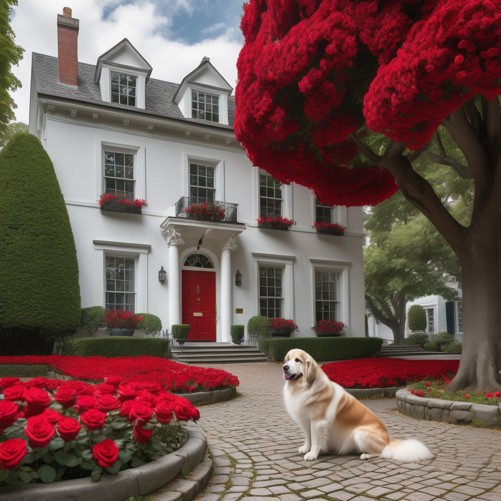 A large white house. In an old, affluent neighborhood. With extensive sidewalks and ancient trees. The house has a wide, large red door. A cobblestone walkway connects the house to the street. There is a large fountain in front of the house. The two sides of the walkway are covered with roses. A sizeable fluffy dog is sitting in front of the house.