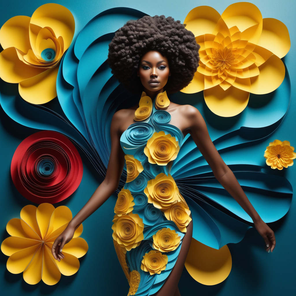 paper art of closeup of a beautiful melanin model walking on a runway and a large yellow flower, Fibonacci sequence and beauty, Kaleidoscope, elegant curves, fine line details, curved and scalloped patterns, dynamic composition, blue, red, turquoise, yellow --chaos 21 