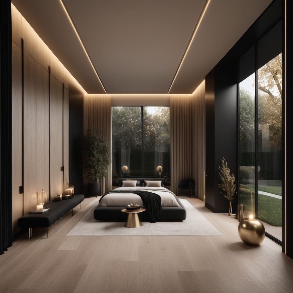 a hyperrealistic of a Modern Parisian estate home wellness room with mood lighting and floor to ceiling windows in a beige oak brass and black colour palette 
