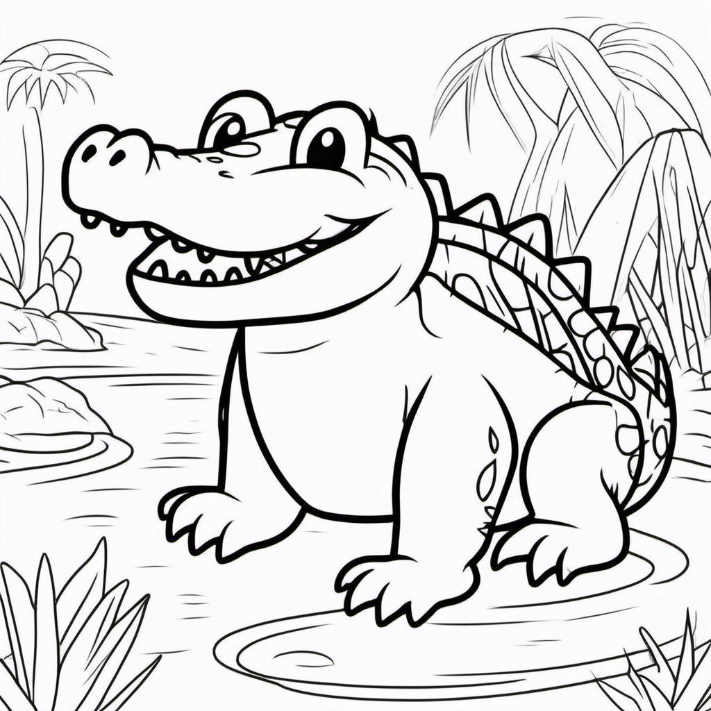 draw a cute Crocodile with only the outline in back for a coloring book