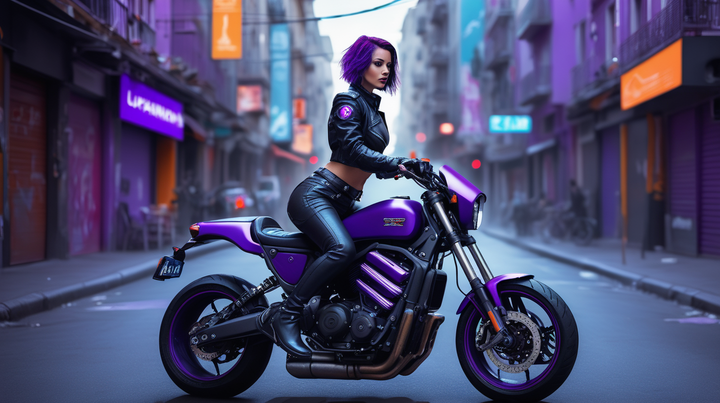 The image features beautiful woman on motorbike, realistic, perfect body, leather jacket, short shorts, purple hair, cyberpunk city, cityscape in the background, Sharp focus. A ultrarealistic perfect example of cinematic shot. Use muted colors to add to the scene.