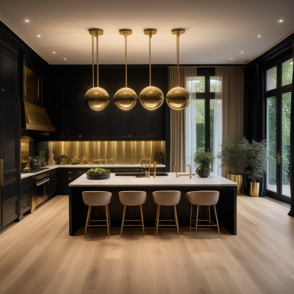 hyperrealistic of an elegant, paltial modern Parisian kitchen with large double island at night; oak flooring; floor to ceiling windows with a view of the sprawling lush gardens; curtains; mood lighting; beige, oak, brass and black colour palette; modern brass pendant light; 
