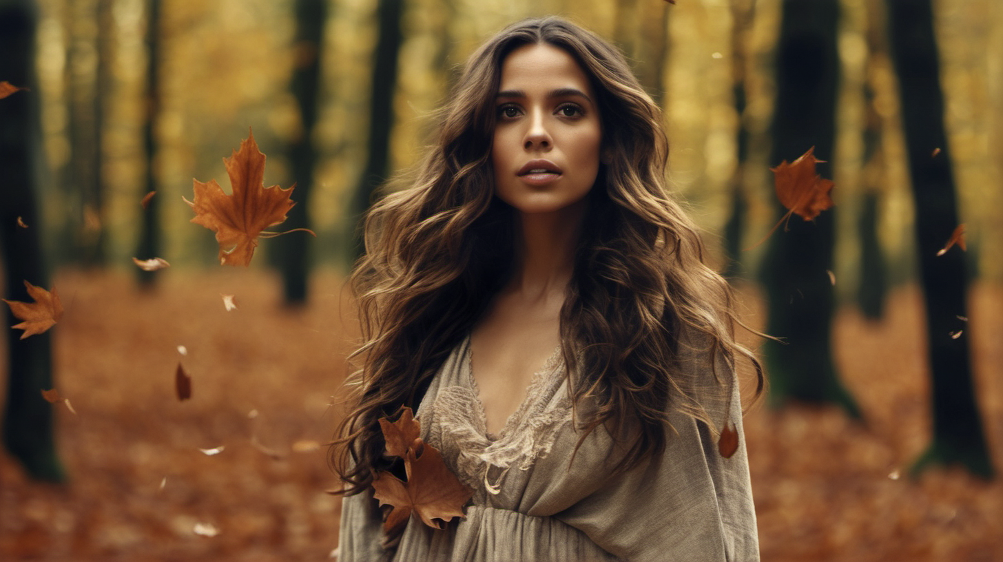 Actress Alba Baptista, with long, wavy brunette hair, standing in a forest with leaves blowing around her body.