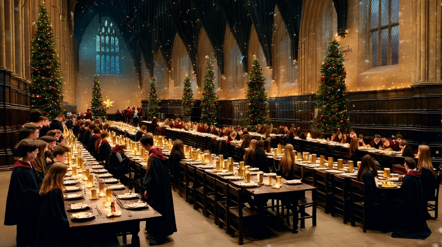 hogwarts great hall during christmas with students and 4 long tables