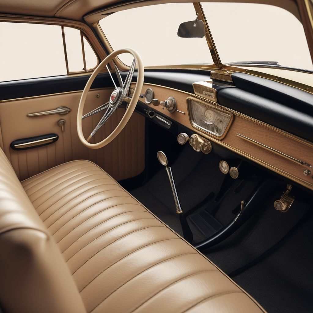 hyperrealistic image of a vintage car interior in a beige, oak, brass and black colour palette