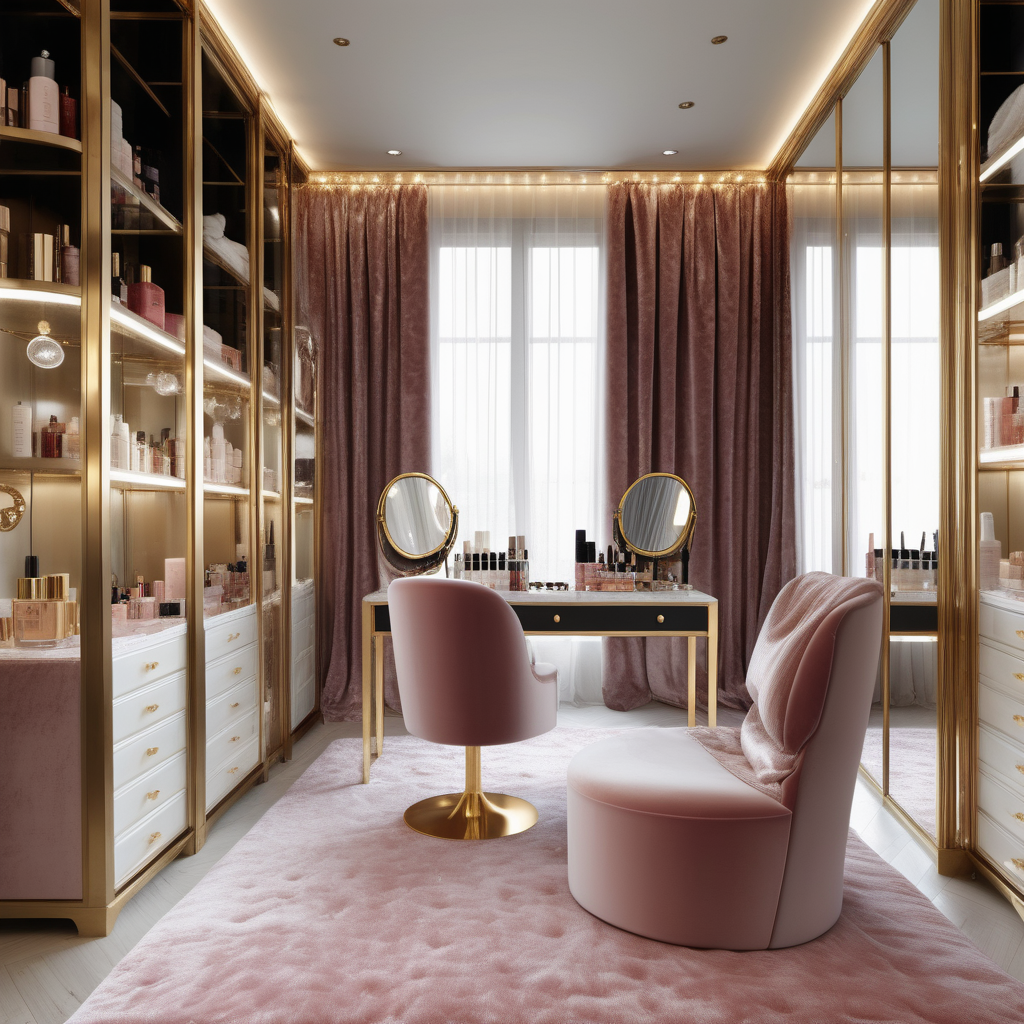 hyperrealistic image of modern Parisian home beauty room with vanity table with lights and velvet chair, brass shelving with beauty products, floor to ceiling windows, silk dressing gown hanging on the wall, a fabric room divider