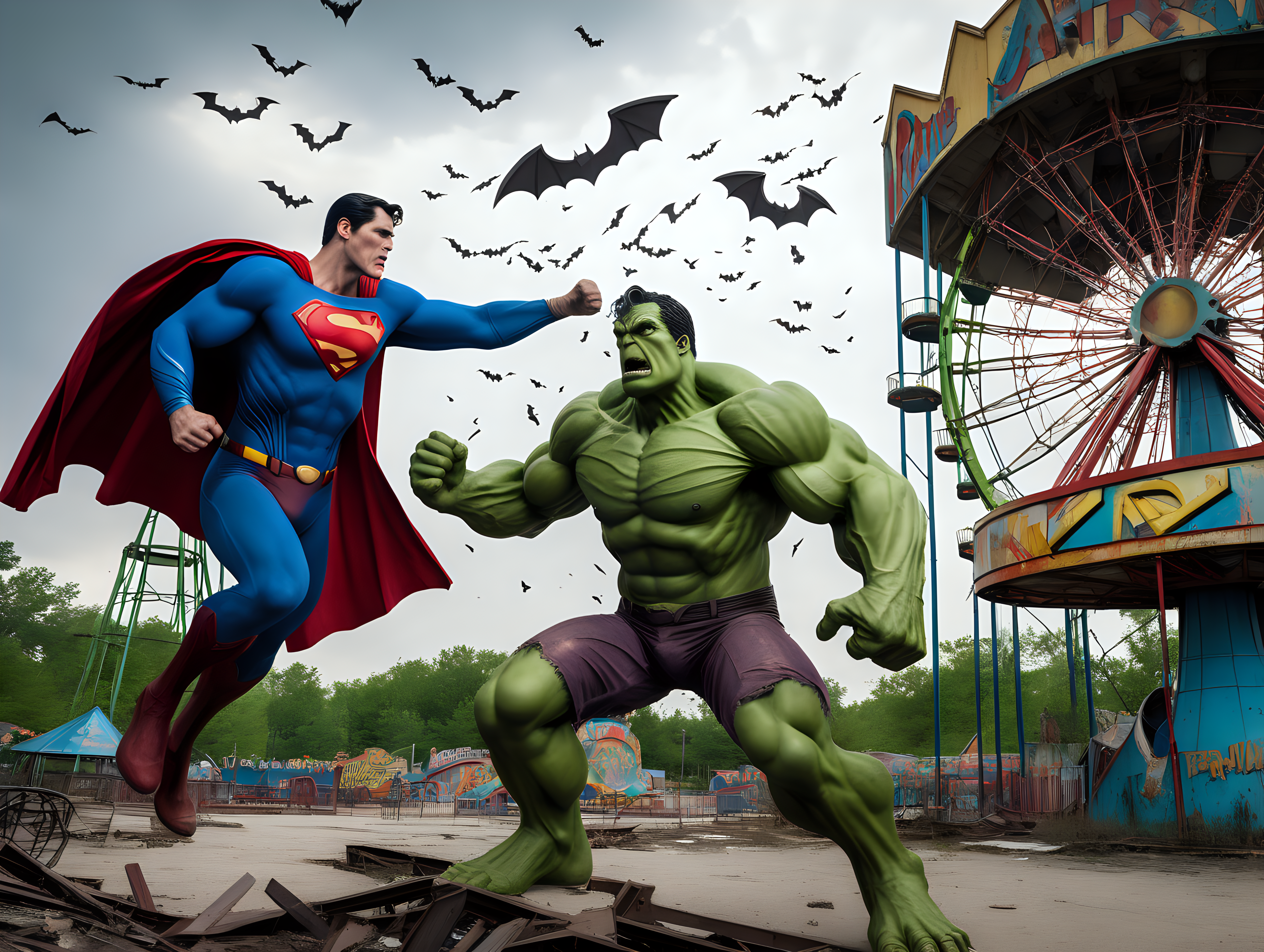 Superman fights the hulk in an abandon amusement park with bats flying overhead