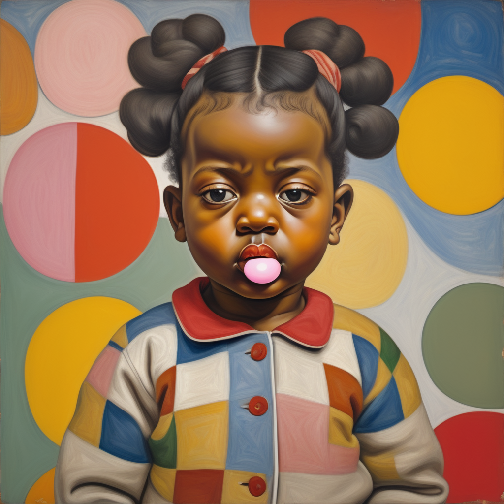 one beautiful melanin baby girl standing with her eyes closed and bubble gum in her mouth by painter Lucian Freud. in front of an abstract background with lots of vibrant symbols by Paul Klee. all clothes with ONCH inspired art