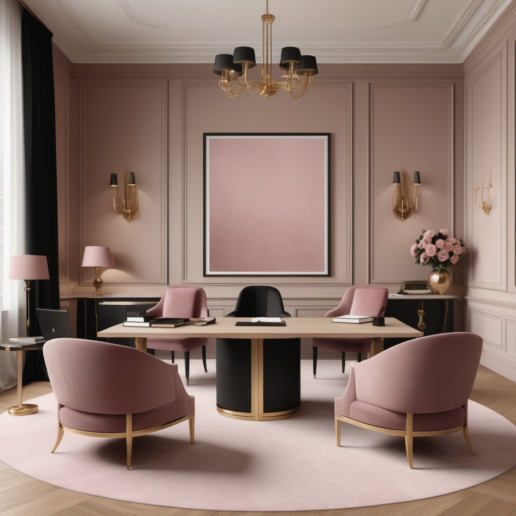 A hyperrealistic image of a luxurious modern Parisian lawyers firm in a beige oak brass colour palette with accents of black and dusty rose
