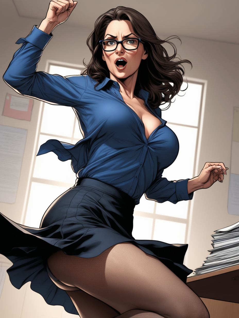 Beautiful, mature, brunette woman, teacher, glasses, ripping [Dark blue]shirt, breasts exposed, seductive [Detailed comic book art style] lecture, below angle, flowy black skirt, pantyhose, dancing