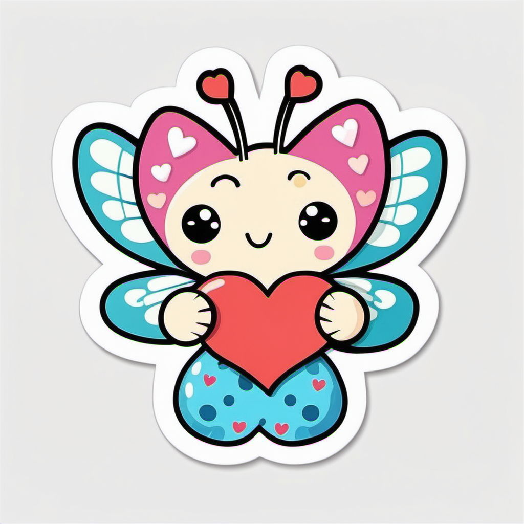  Sticker, Cute valentine colorful Butterfly with Heart-shaped Wings, kawaii, contour, vector, white 
background
