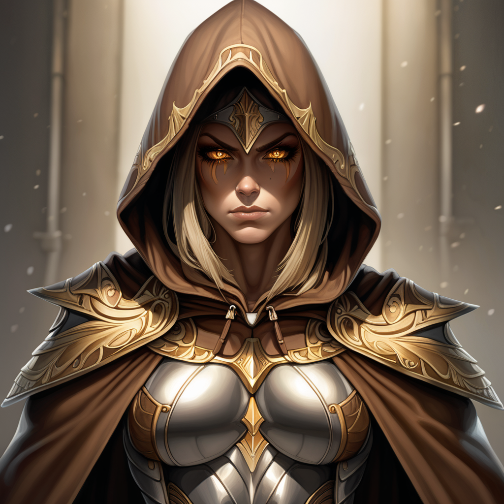muscular woman with gold eyes wearing a hooded brown cape and wearing armor