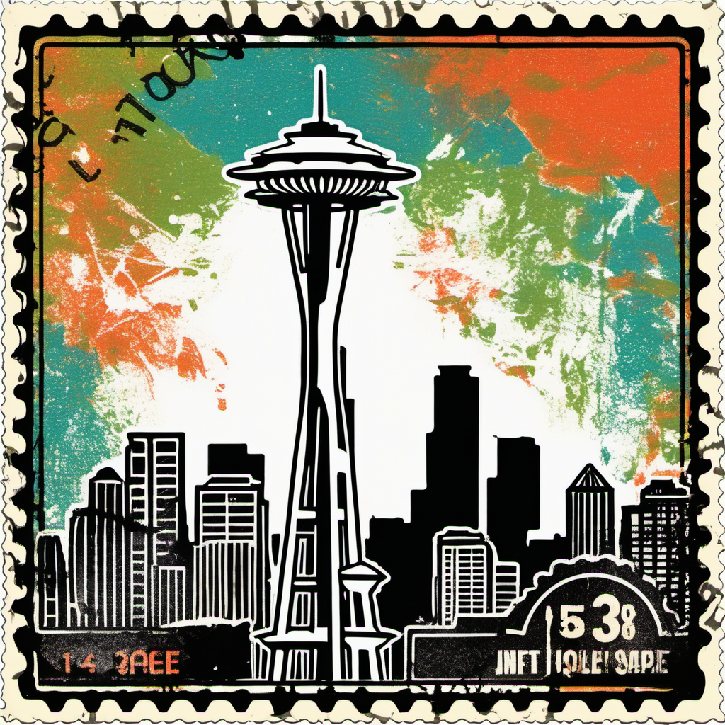 stamp with space needle, seattle, abstract, colourful, disstressed edges