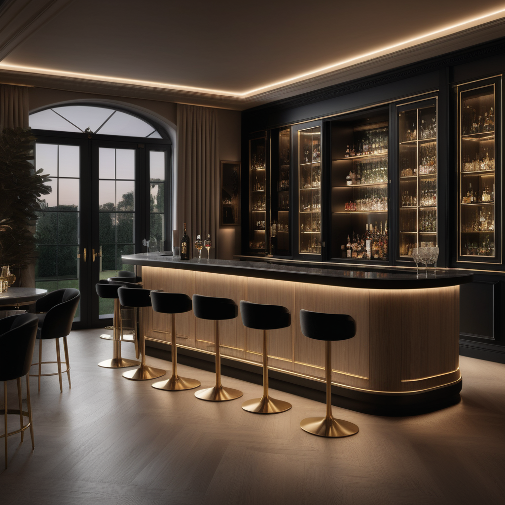 a hyperrealistic of a grand modern Parisian estate home bar room at night with mood lighting,  floor to ceiling windows with a view of the manicured gardens, in a beige oak and brass and black colour palette
