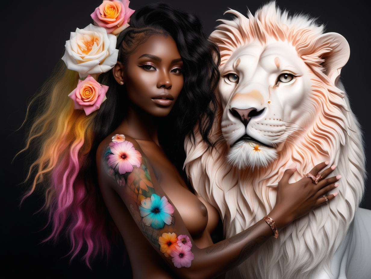 abstract exotic black Model with soft colorful flowers that become her hair 
she holding a TOY top, 
looking  with love at a real WHITE male lion 

12 rose gold crystals see through ords floating in the air  

she has soft tattoos on her arms, shoulders and back


